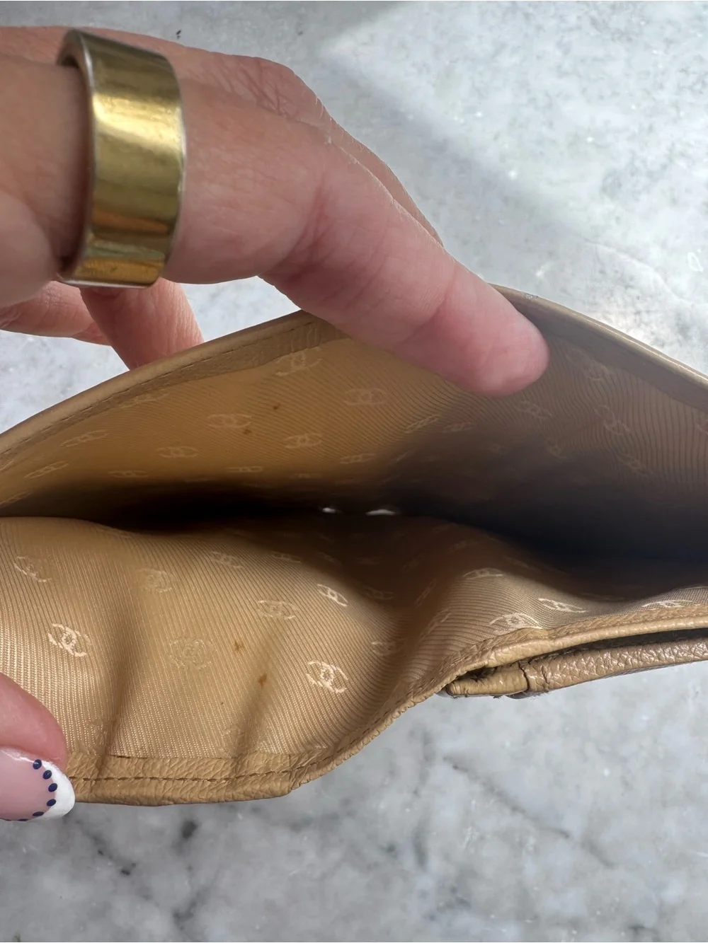 CHANEL Beige Leather Long Wallet with Gold CC Button